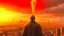 Placeholder: 4K, ultra detail, full realism, nuclear explosion in the background of a big city, demon portrait of Vladimir Putin pointing at the city