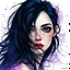 Placeholder: digital fantastical watercolor with long brushstrokes, Joe Fenton detailed illustrative style, woman with dark hair being dramatically blown across her freckled face with eyes that are completely black; black and purple and midnight blue color palette, liminal oncology