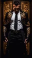 Placeholder: Jason David Frank as a Very muscular alpha male with short hair and tribal tattoo and piercings. Wearing a black designer suit , standing in a doorway. dark fantasy, hyperrealistic