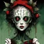 Placeholder: by Russ Mills and Dave McKean and Tim Burton and Clive Barker, creepy porcelain doll queen of an Underworld Christmas theme, cracked face, dramatic and scary, color ink illustration, mistletoe, red and green color scheme, eerie, doll phobia, horror, surreal, gritty, Christmas in Hell theme