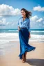 Placeholder: young lady wearing beautiful maxi blue skirt and elegant shirt standing in beach posing to camera ,upper body shot,ships in sea ,blue sky nice clouds in background