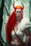 Placeholder: white barbarian woman with red hair, pointy ears and tusks half body shot, in a forest