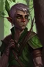 Placeholder: Middle aged wood elf, rogue assassin, brown skin, bright green eyes, short mauve hair, sneaky, trees, stoner, long bow, black leather straps, disheveled, smoking weed