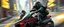 Placeholder: robotic ai pirate ninja in the style of fallout 4 hi speed rocket ship on leaning scooter in a swing, coated rat gremlin captain in high speed pursuit among neon spy vs spy rat cyber soldiers, with background motion blur, airbrush and pen outline, in the style of Fallout 4 and Cyberpunk and GTA5