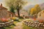 Placeholder: sunny day, spring trees, spring influence, flowers, stone wall, mountains, distant house, rocks, very epic, charles leickert, henry luyten, and fernand toussaint impressionism paintings