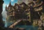 Placeholder: medieval buildings with balconies overhanging lake edge with blue sky and people, photorealism detailed matte painting, deep colour, fantastical, intricate detail, splash screen, concept art