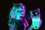 Placeholder: black background, outlines of a holographic happy girl with a cocktail and cat drawn from thin neon-coloured glowing lines