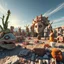 Placeholder: A striking photograph captures a sub-paracosm from a phantasmagorical universe made of glossy organic material, human statues, with group of plants and animals, eyes, teeth, figures, adorned with glossy minerals and rocks, eerie, wasteland, Yves Tanguy style, hypnotic, intense noon-light sun, 8k, deep 3d field, strong texture, extreme detail, intricate, colours, rich moody colors