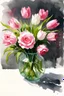 Placeholder: A watercolour and ink drawing of A vase of pale pink roses and pink and white tulips in the style of artist John Lovett
