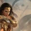 Placeholder: Wonder woman posing in front of a mirror, futuristic design, a paradise in background, close-up face, geometric armor, female face, 3d unreal engine, black face, close up armor, church detail, lovely face