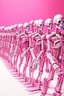 Placeholder: ‘Pink and White Metal Skeleton Army' depicts two very long rows of Pink and White Skeleton Soldiers Marching in Lockstep toward the viewer; Retrofuturism, Pop Art; constructivism