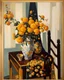 Placeholder: beautiful art print features yellow flowers in a chinoiserie vase sitting on a table, with black ladderback chair in background Modifiers: oil on canvas beautiful dynamic lighting crisp quality colourful acrylic art still life luminism Gustave Klimt style raw beautiful oil on canvas beautiful oil on canvas oil on canvas