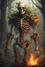 Placeholder: Skeleton, living skeleton, undead, wooden gauntlets, fungal growths, walking, wooden armor, medieval, vines holding together limbs, vine tendons, animated by plants, wearing leather armor, different plants growing out of chest and head, reinforced by vines, hulking, fire within ribcage, on fire from within, fire light from eyes, open flame from within