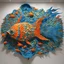 Placeholder: Picture a 3D fish silhouette about 10 feet long and 6 feet high, suspended in the air. The frame has several horizontal ribs, which are covered with overlapping textile pieces in bright blues, oranges, and greens, featuring intricate patterns and textures reminiscent of fish scales. Imagine the scales gently rising and falling in a wave-like pattern. As viewers move around the installation, they see different parts of the sculpture come to life with subtle movements. Soft blue and green lights c