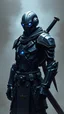 Placeholder: Male Warforged robotic rogue, with thin blue glowing eyes, no armor, dark titanium alloy body, 2 swords strapped to his back, dungeons and dragons