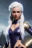 Placeholder: Portrait, aasimar female Bard character, white hair, blue irises, very muscular, athletic, clear complexion, scars on body, waist up portrait, 4k resolution, intricate details, ornate details, soft lighting, vibrant colors, retroanime, masterpiece, natural background, realistic