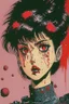 Placeholder: 90s old school anime illustration, sci fi, portrait of a tough female space Captain girl, beautiful symmetrical face, Androgynous, pixie style haircut, sparkling or glittering black hair, pixie cut, blood splattered on her scared, rattled and shook face, space uniform is tattered and ripped with dripping blood, as if she just escaped torture, depraved art, junji ito style, pulp science fiction aesthetic, rotoscoping, violent background and undertone, space battle, feminist art, japanese horror