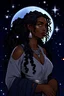 Placeholder: 28 years old light skin black woman, silver star flecks on skin, dnd character art, human, d&d circle of stars druid, thick curvy woman, silver colored eyes, thick black very long curly hair in high ponytail, simple adventure clothes sheer flowy dark midnight blue top, simple silver stars constellations accessories ,black colored pants, renaissance style clothes