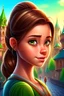 Placeholder: girl portraied as a disney character, disney developing style, disney main character with green eyes and short brown hair in a braid, highly detailed, beautiful disney girl in a cityscape disney style background