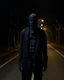 Placeholder: a stalky darkman standing with gaps between the bandage wraps revealing a hollow emptiness, on a treed roadway at night