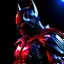 Placeholder: Futuristic Batman incredibly hyper-detailed black background red colors silver and black 8k digital artwork