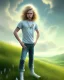 Placeholder: full length photograph of a beautiful 12 year old boy with long, blonde curly hair and light blue eyes, smiling, standing on a green hill in summer, highly detailed, smooth, photorealistic, digital art, HDR