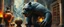 Placeholder: master oil painting by Escher and Giger, glaring vases and black humanoid reflective expressive long clunky obese elder troll bear and hidden magic aura golden eel djinni with beard inside marble hall library, cryptic eggs, sacred geometry, fire fog and steam border, fire elemental creature, twisted dimensional portal for ice elemetals only