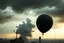Placeholder: one bursts big black party balloon on sky, high realistic, storm, gloomy, surreal, little city, ruins, professional photo, cinematic, utopistic