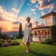 Placeholder: create full body lady ,short hair pretty dress standing pose pretty high heels ,midy dress,standing in front of a beautifull villa garden sun set sky with pretty clouds and godrays