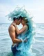 Placeholder: Two lovers, canon professional photo, man and girl, hugging, bodies melting, turning into one column of sea water, bodies twisting in a spiral, forming a unique trunk of a sea tornado, hair made of sea foam melting, poetic picture, hyperdetail, bright colorful contrasting beautiful intricate, oaokzpo art botanical, iso100, 16k, HDR, cgi, --quality q2