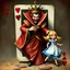 Placeholder: The Queen of Hearts, in a lavish red and gold gown with intricate patterns, a regal crown, and an angry expression, bursts dramatically from a playing card marked with a red 'Q' and hearts in each corner. Her form shifts from flat to 3D as she emerges, reaching menacingly toward a frightened Alice, who has blond hair flowing behind her as she flees in a blue dress with a white apron. The background blends card motifs with a whimsical, intense storybook atmosphere.