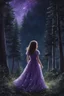 Placeholder: Painting of a girl in a purple dress in the forest, night, shining stars