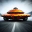 Placeholder: award winning photograph of a steampunk house-fly ufo genetic-splice designed by only one vehicle per image painted metallic orange traveling at a high rate of speed, jet intake off of front center of vehicle and jet exhaust out the rear bilaterally symetrical, more a high speed road vehicle