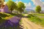 Placeholder: Sunny day, clouds, grass, houses, purple flowers, dirt road, trees, distant mountains, konstantin korovin impressionism paintings