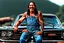 Placeholder: Fotorealistisch Danny Trejo breit grinsend mit offenem Haar in ölverschmiertem Mechaniker Overall fährt Muscle Car