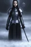 Placeholder: Wednesday Adams, in a black knight armour, holding an ebony sword, protrait, beautiful, high detail, night light, wasteland background