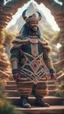 Placeholder: close up portrait of a happy blessed ancient magical king buffalo soldier standing on a desert throne in a space alien mega structure with stairs and bridges woven into a sacred geometry knitted tapestry in the middle of lush magic forest, bokeh like f/0.8, tilt-shift lens 8k, high detail, smooth render, down-light, unreal engine, prize winning