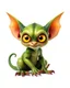 Placeholder: Flux P: a small gremlin, with large expressive yellow eyes and oversized ears that resemble bat wings. The creature has a vibrant green, slightly scaly skin, and a playful, mischievous expression. It sits in a dynamic pose, with a curled tail and pawed feet featuring sharp, claw-like toes. The background is minimalistic and bright white, emphasizing the creature's vivid colors. The lighting is soft and even, highlighting the detailed textures of the skin and the glossy shine of the eyes. The ove