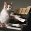 Placeholder: A cat that is dressed like Wolfgang Amadeus Mozart is playing Piano. Background Music notes are dancing. Immpressionism