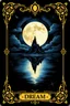 Placeholder: in center stunning colors and gold alcolhol ink tarot card (9:10 ratio) with 1 full moon and stunning fantasy fairy island, moon reflection, inscription at the bottom, text:"DREAM", dark sky, strars, occult forces, sharp focus, beautiful ornamentic frames on card, detalied, fantasy, black background