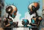 Placeholder: two crazy rusty scrappy robots drinking coffee in urban decay, negative space, wet print, ink leak, overheat, dramatic, cinematic, sudden jolt dynamics, amazing reflections and parallels and verticals, Afro-futurism, surreal futurist architecture art, surreal liminal space, tribal vibe and patterns, colors of light sky blue and beige and black