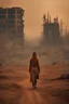 Placeholder: A post-apocalyptic scene with a woman with long hair walking away from the barren wasteland with burnt trees crumbled city orangish hue