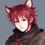 Placeholder: Final fantasy XIV, Detailed anime boy, crimson red hair, wolf ears, orange eyes, white trench coat, intricate details, Dark knight (final fantasy) , full body portrait, keep head in frame, slight smile with a single fang exposed, black Japanese motif, concept art, highly detailed, digital painting, concept art, sharp focus, illustration, art by Yoji Shinkawa, WLOP and greg rutkowski and alphonse mucha and artgerm and yanjun Chen and Junji ito and Makoto Shinkai, HDR, octane render