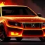 Placeholder: sweeping view of detailed phong shaded rendering of a car made of molten lava, headlights, bumpers