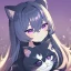 Placeholder: Clear focus, High resolution,a anime kid, rough line skecth, cute, cartoony style, 1girl, black long hair,hair between eyes, cat ears, purple eye, 1 purple streak in haie, half chibi, only head no body