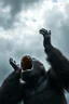 Placeholder: A gorilla open his month in anger , looking up to the sky , raising both hands up like prayer. A cloudy stormy with Ron the sky and the background, 4k, dramatic scene,