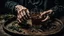 Placeholder: close up photo from an old woman's wrinkled hands holds one brown herb water in vintage water glass with , thriller, sinister , old witch interior, dark mood, perfect photo