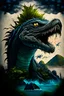 Placeholder: Buatkan gambar seorang komodo raksasa dengan mata penuh amarah, dan air liur menetes dari gigi-giginya yang runcing. Latar belakangnya adalah pohon perdu yang rimbun dan bukit karang yang megah. Sisipkan elemen-elemen yang mengerikan dan menakutkan pada gambar tersebut untuk menampilkan kekuatan dan keganasan komodo raksasa tersebut.