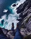 Placeholder: from the point of view of a rock climber, look down at the ocean rocks below as you climb high into the bluffs of ireland. holding on to the cliff face, the ocean below storms and swirls around a giant whirlpool