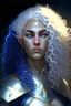 Placeholder: A muscular female elf twilight cleric in a silver robe with blue curly hair and golden eyes